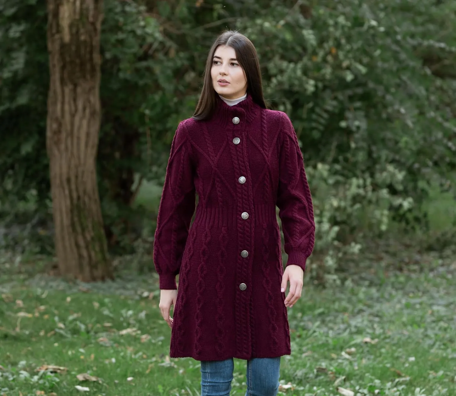 SAOL 100% Merino Wool Irish Cardigan for Women with Celtic Knot Buttons -Aran Long Outdoor Cable Knit Coatigan