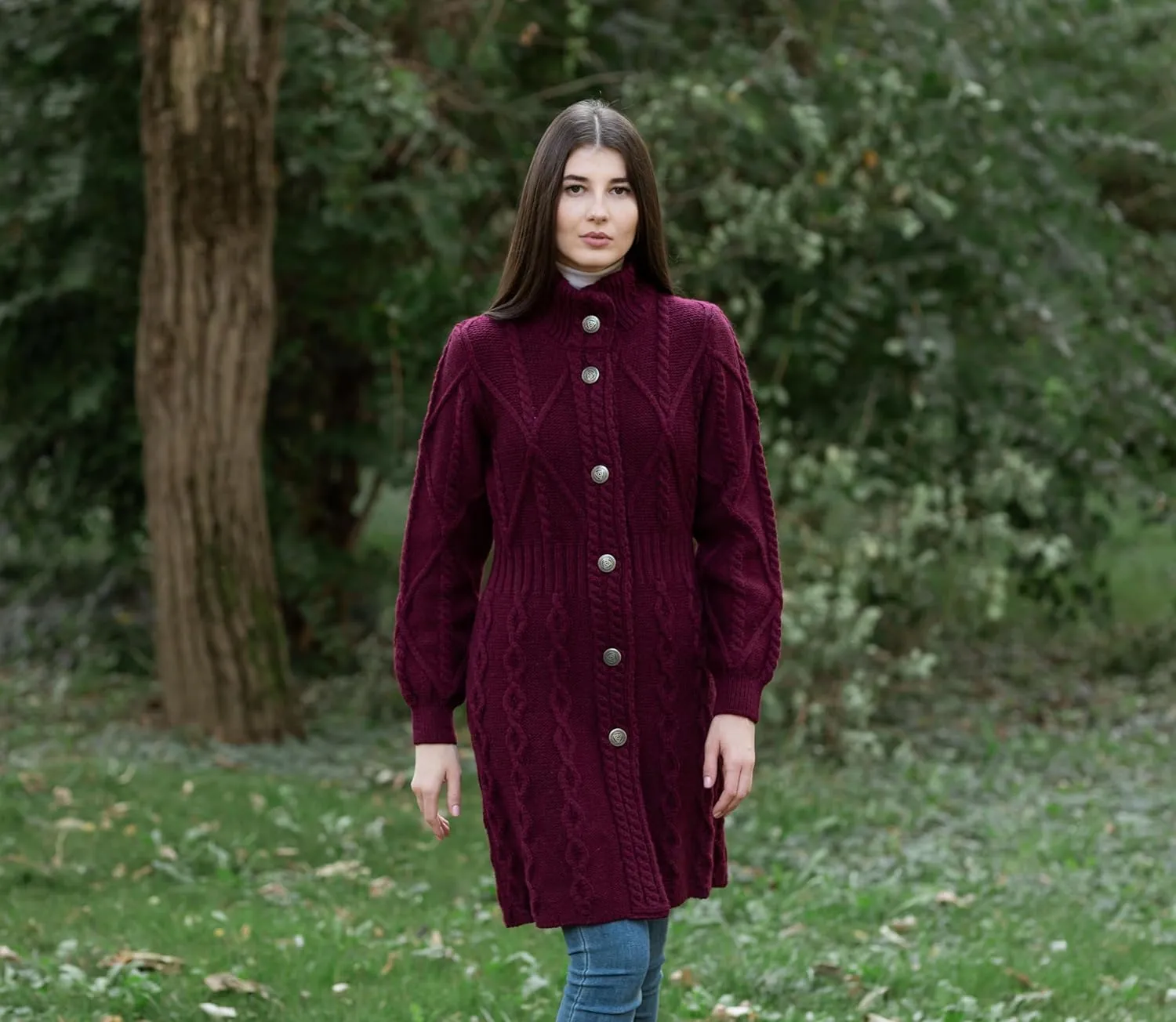 SAOL 100% Merino Wool Irish Cardigan for Women with Celtic Knot Buttons -Aran Long Outdoor Cable Knit Coatigan