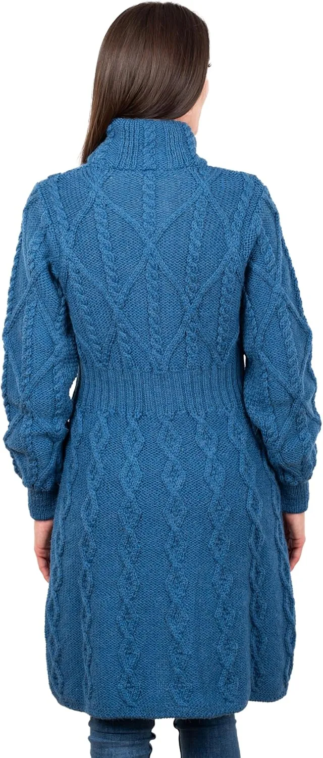 SAOL 100% Merino Wool Irish Cardigan for Women with Celtic Knot Buttons -Aran Long Outdoor Cable Knit Coatigan