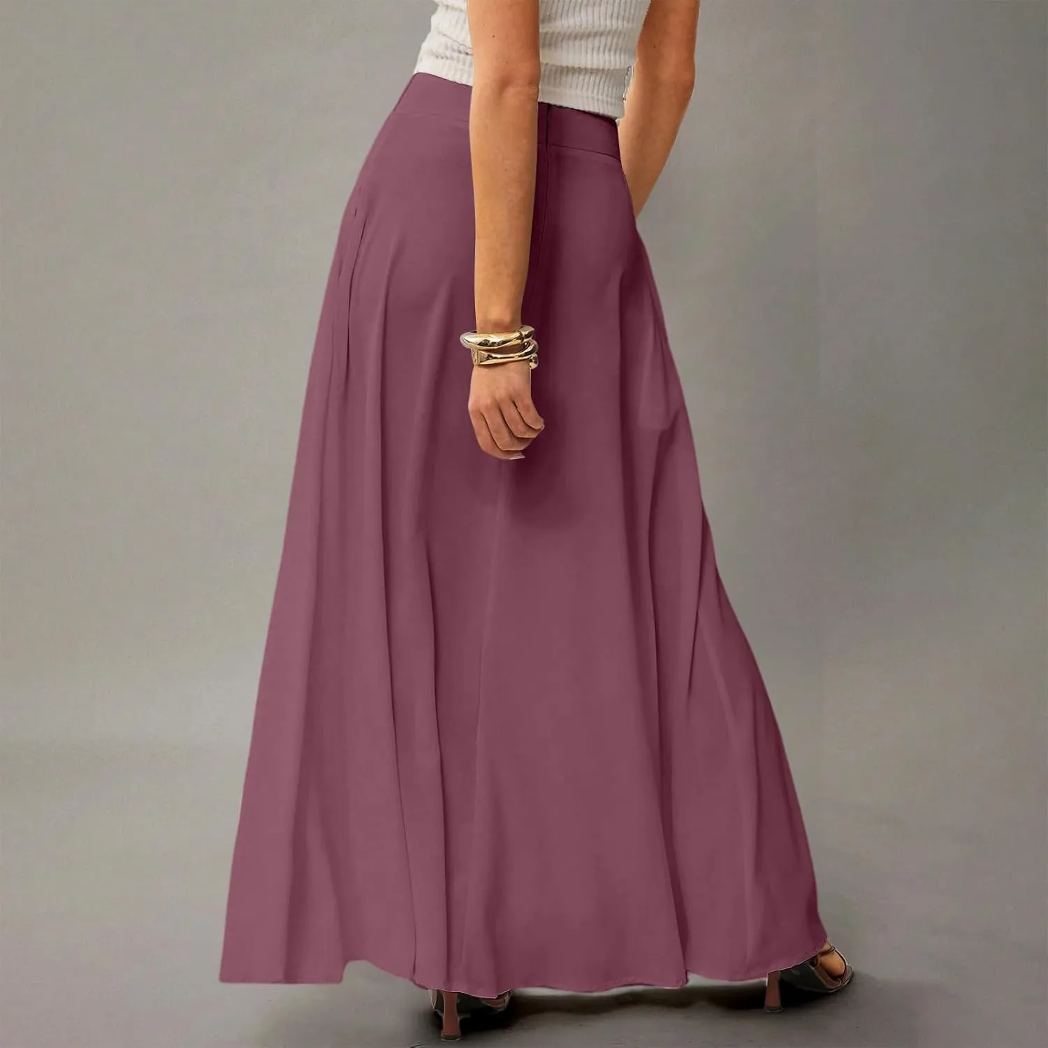 Skirts for Women Midi Length High Waisted Pleated A-Line Summer Swing Long Work Office with Pockets