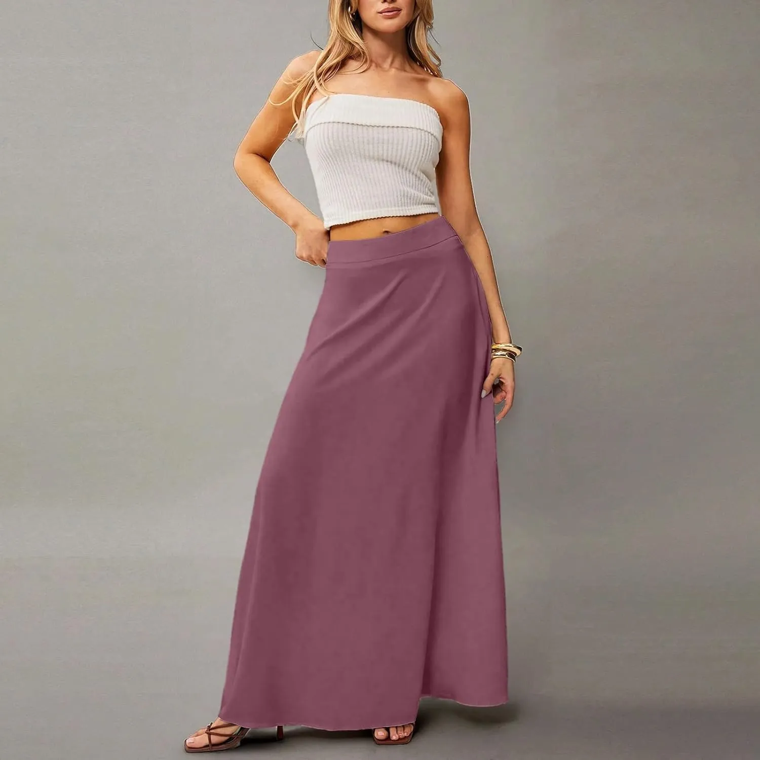 Skirts for Women Midi Length High Waisted Pleated A-Line Summer Swing Long Work Office with Pockets