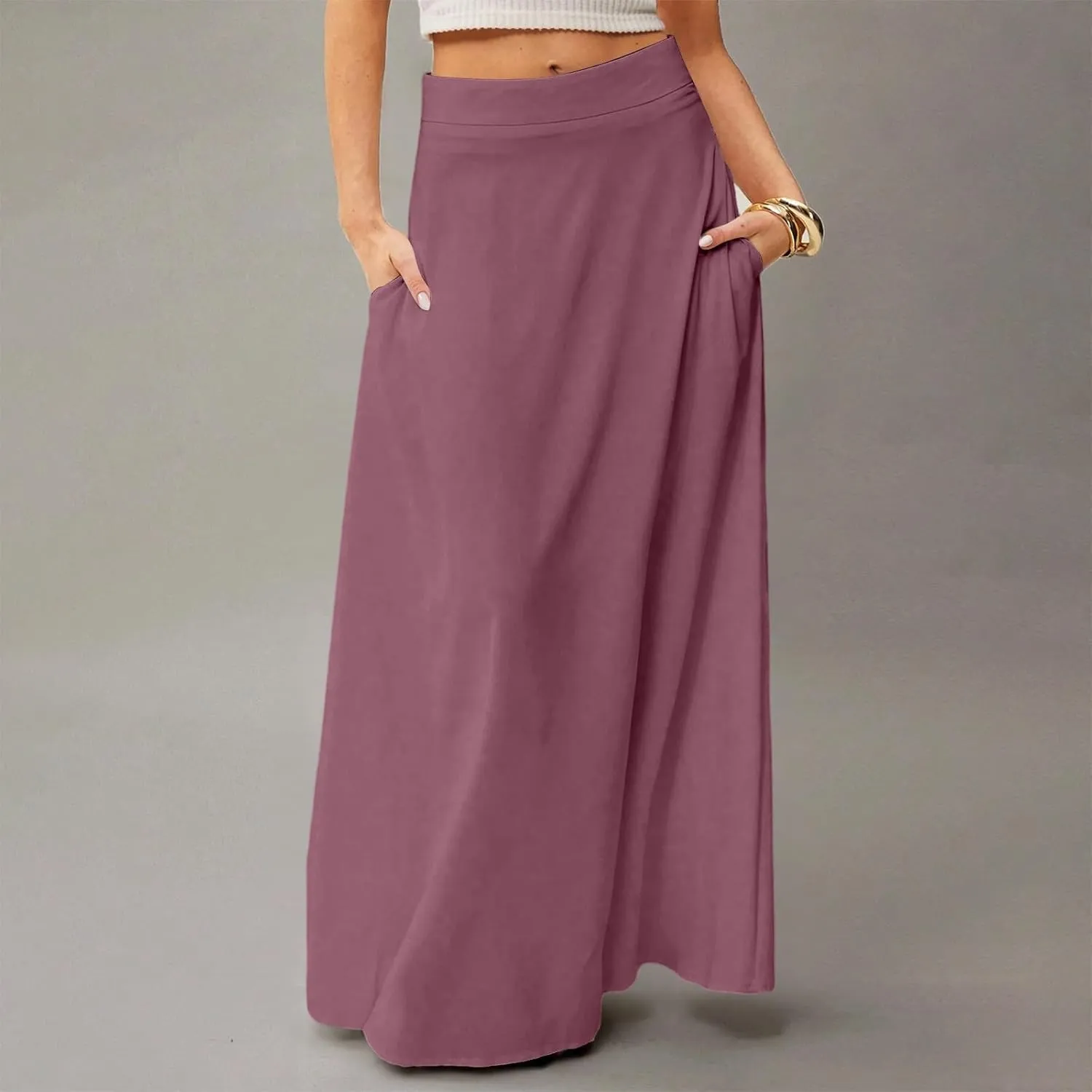 Skirts for Women Midi Length High Waisted Pleated A-Line Summer Swing Long Work Office with Pockets
