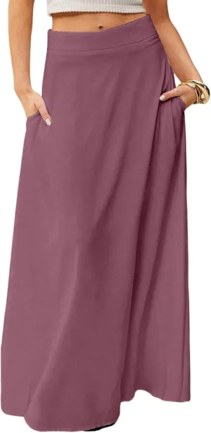 Skirts for Women Midi Length High Waisted Pleated A-Line Summer Swing Long Work Office with Pockets