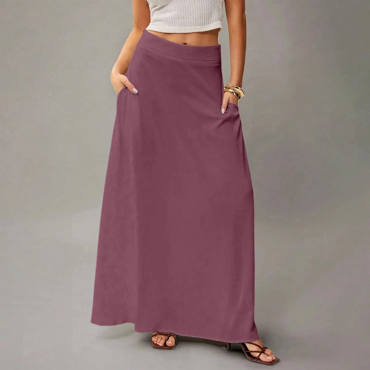 Skirts for Women Midi Length High Waisted Pleated A-Line Summer Swing Long Work Office with Pockets