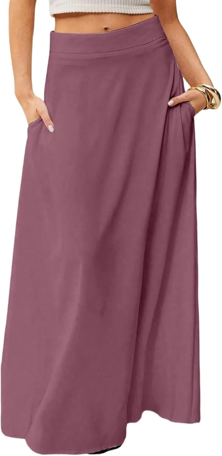 Skirts for Women Midi Length High Waisted Pleated A-Line Summer Swing Long Work Office with Pockets