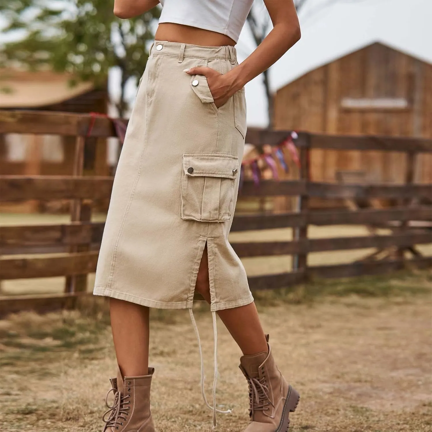 Skirts for Women Midi Length Side Split Tie Multi Pockets Cargo Skirt Summer Causal Loose Buttons Midi Skirts 2024