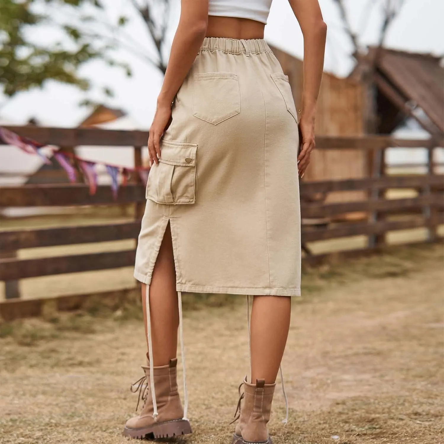 Skirts for Women Midi Length Side Split Tie Multi Pockets Cargo Skirt Summer Causal Loose Buttons Midi Skirts 2024