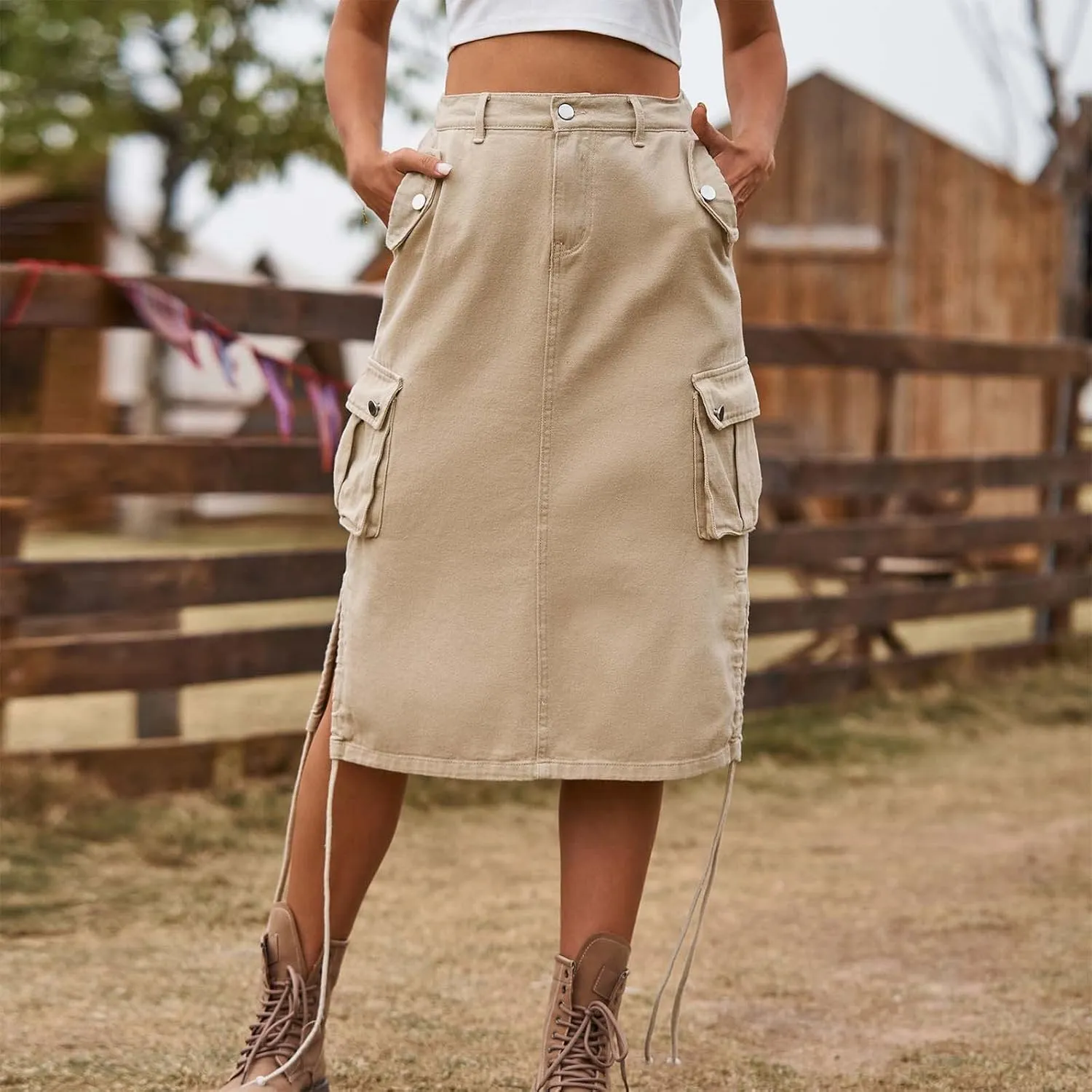 Skirts for Women Midi Length Side Split Tie Multi Pockets Cargo Skirt Summer Causal Loose Buttons Midi Skirts 2024