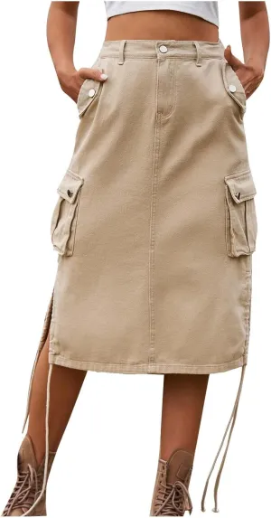 Skirts for Women Midi Length Side Split Tie Multi Pockets Cargo Skirt Summer Causal Loose Buttons Midi Skirts 2024