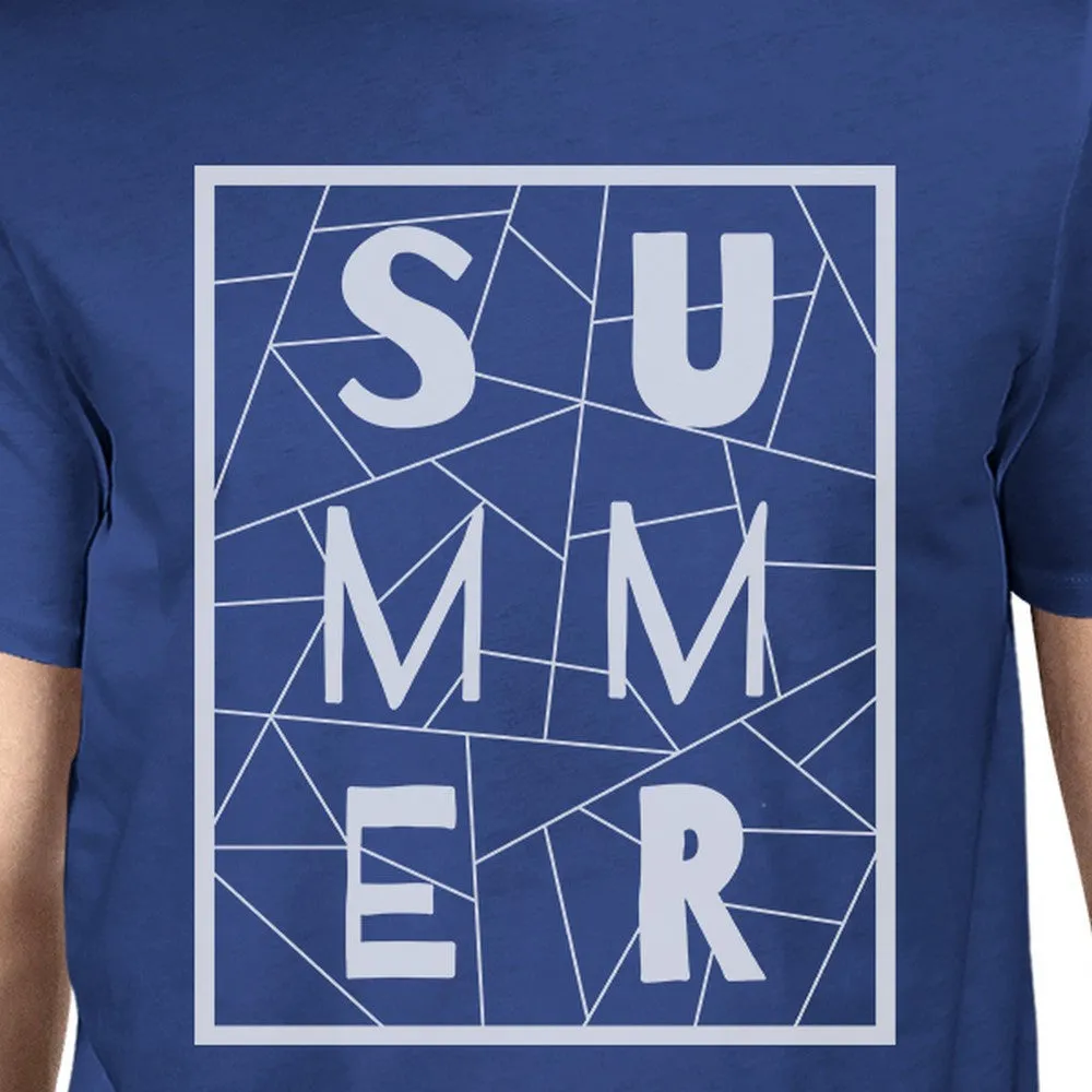 Summer Geometric Lettering Mens Blue Tshirt Cotton Trendy Design