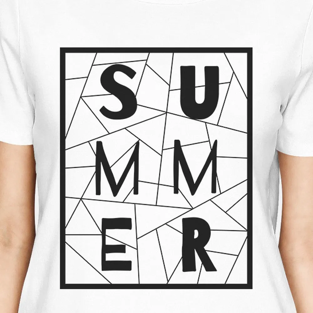 Summer Geometric Lettering Womens White Tshirt Cotton Trendy Design