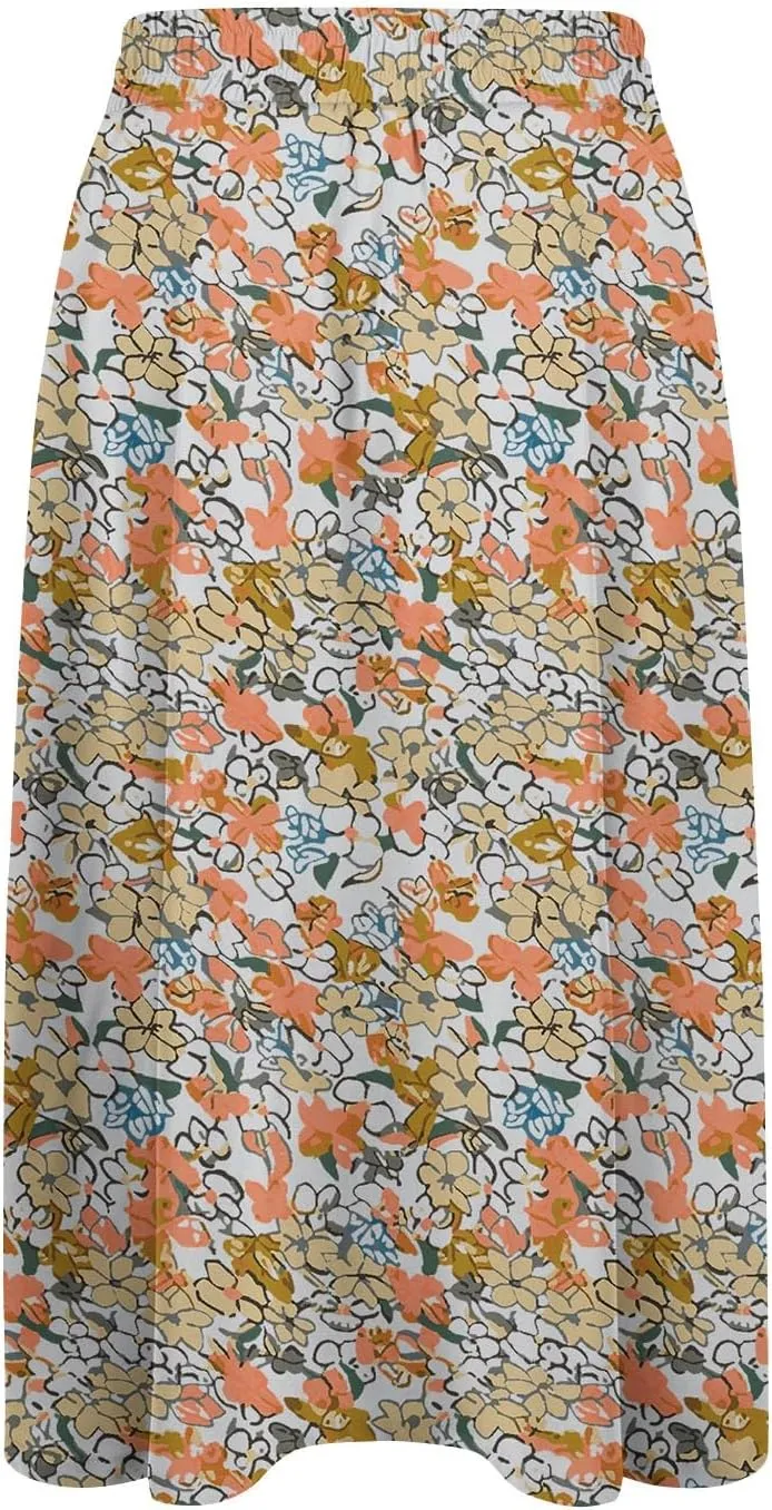 Summer Skirts for Women 2025 Midi Length Elastic High Waist Boho Floral Pleated A Line Skirts with Pockets Beach Coverups