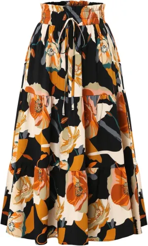 Tiered Maxi Skirts for Women Comfy Elastic High Waisted Summer Cover Ups Ruffle Hem Flowy Swing Long Skorts