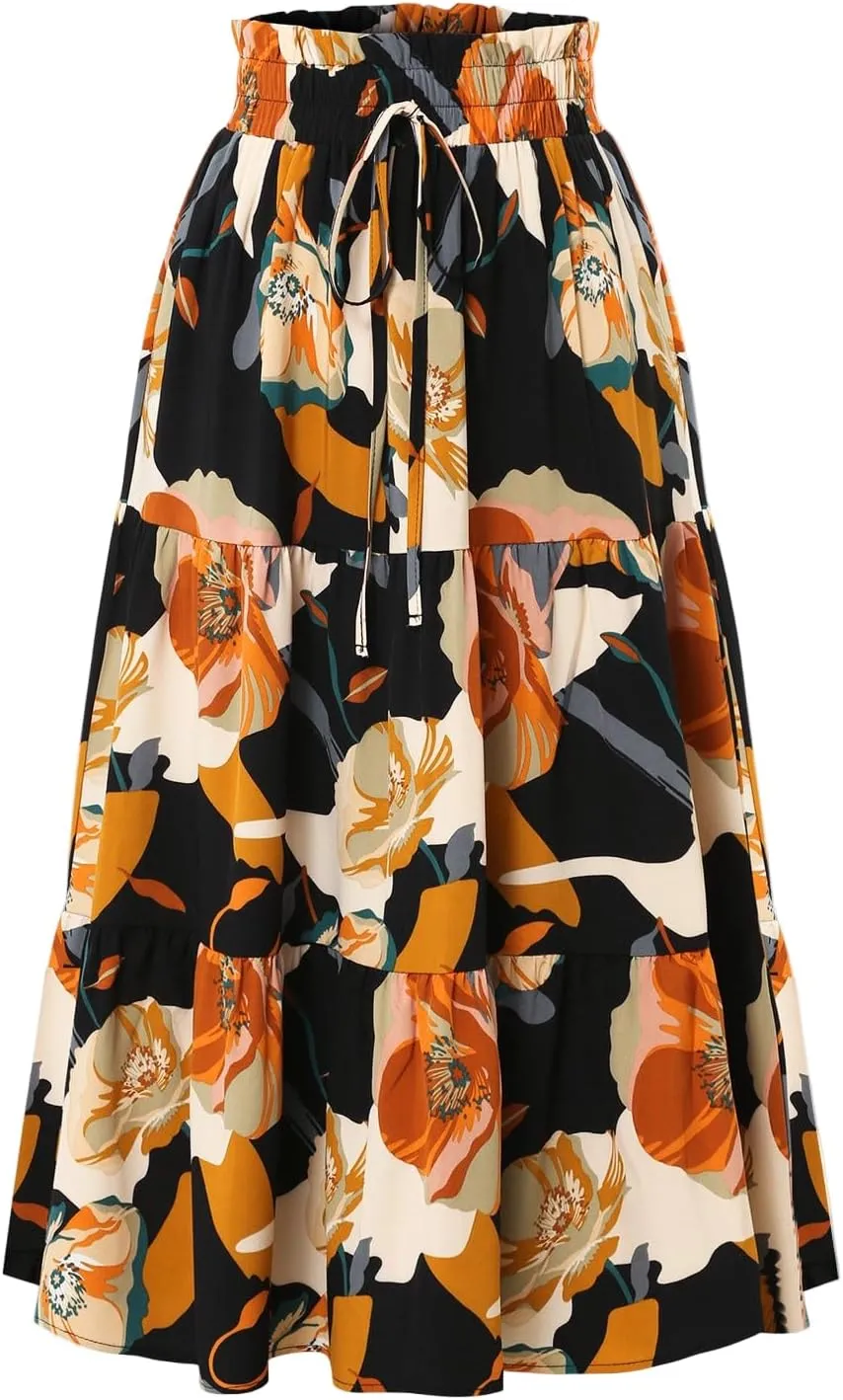 Tiered Maxi Skirts for Women Comfy Elastic High Waisted Summer Cover Ups Ruffle Hem Flowy Swing Long Skorts