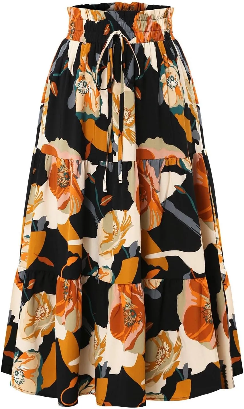 Tiered Maxi Skirts for Women Comfy Elastic High Waisted Summer Cover Ups Ruffle Hem Flowy Swing Long Skorts