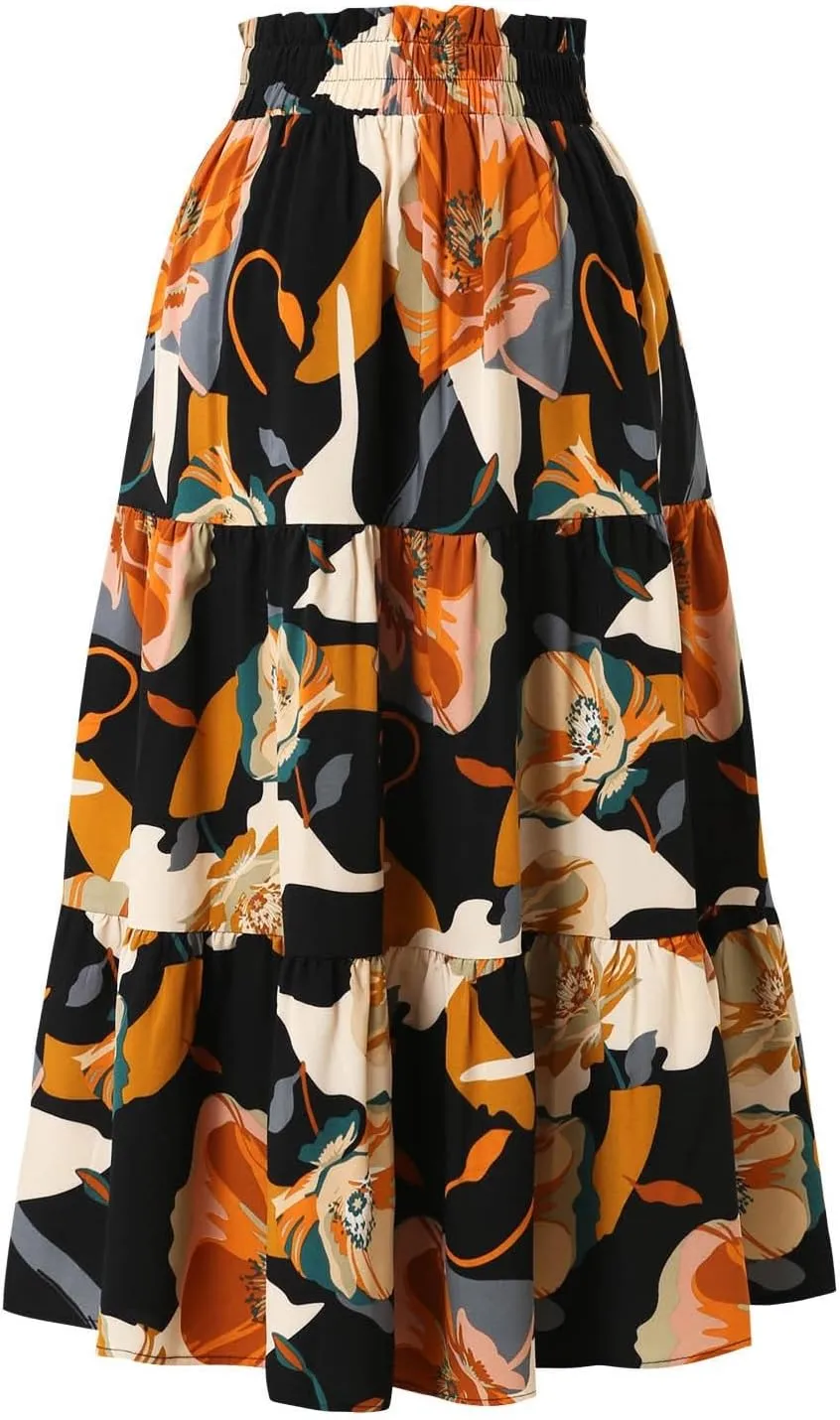 Tiered Maxi Skirts for Women Comfy Elastic High Waisted Summer Cover Ups Ruffle Hem Flowy Swing Long Skorts