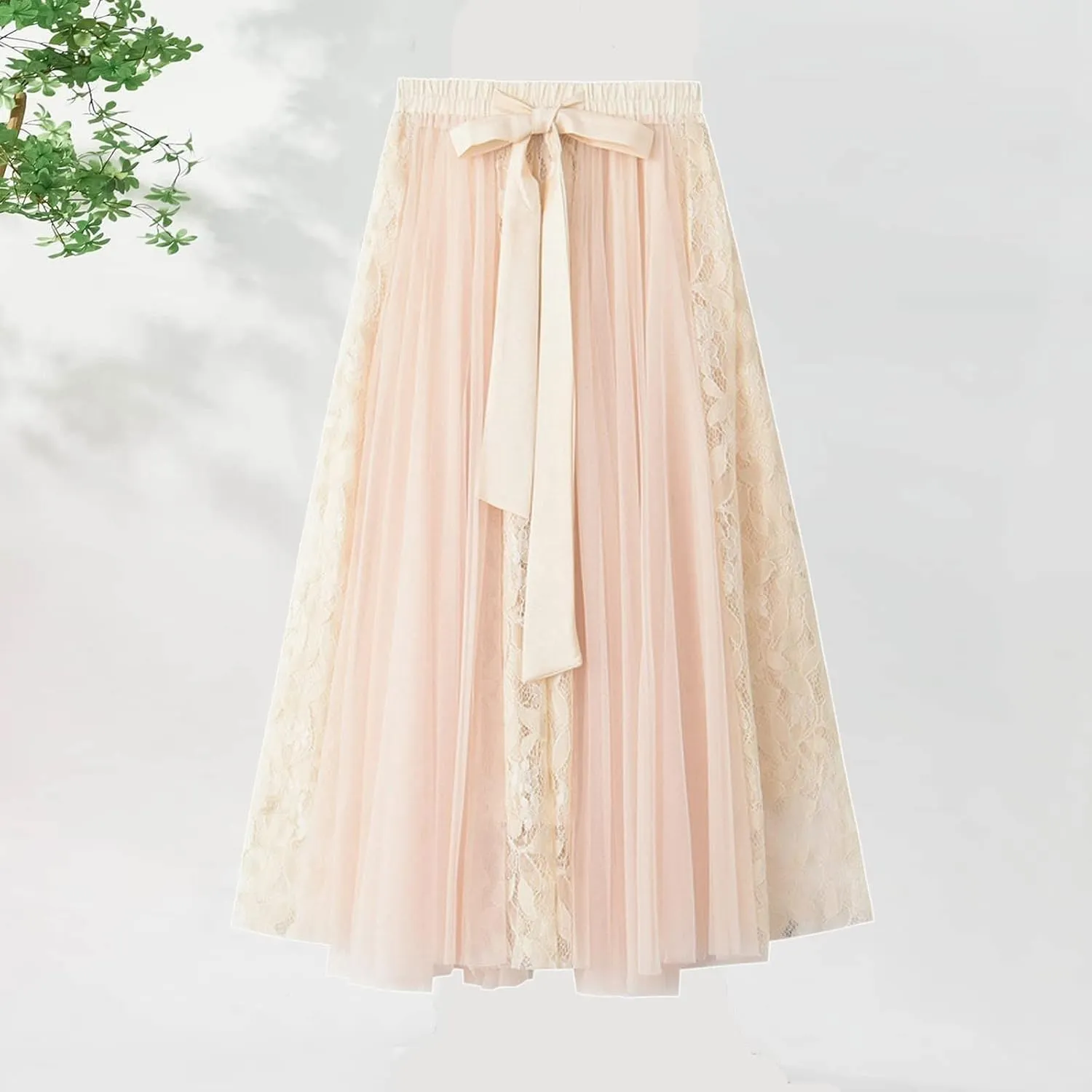 Tulle Skirts for Women Bow Tie Elastic High Waist Layered Floral Lace Skirt Mesh Sheer Pleated A-Line Midi Skirts