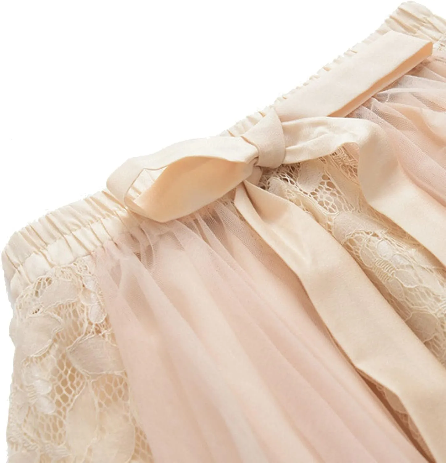 Tulle Skirts for Women Bow Tie Elastic High Waist Layered Floral Lace Skirt Mesh Sheer Pleated A-Line Midi Skirts