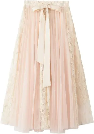Tulle Skirts for Women Bow Tie Elastic High Waist Layered Floral Lace Skirt Mesh Sheer Pleated A-Line Midi Skirts