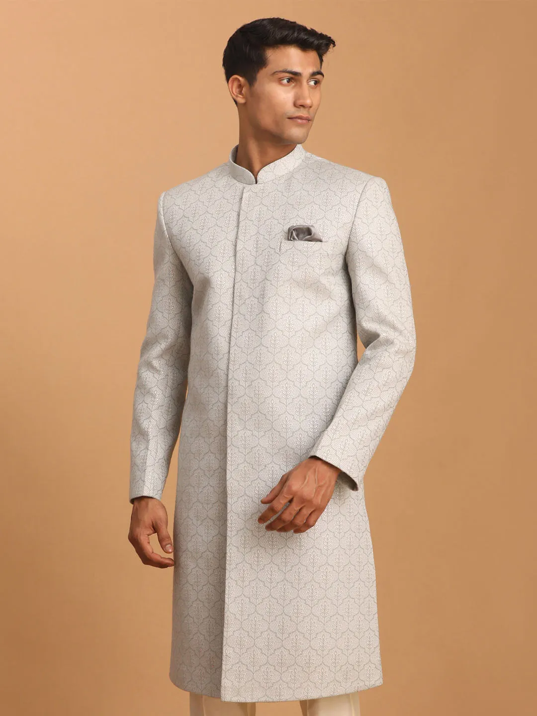 Vastramay Men's Grey Jaccard Sherwani Only Top