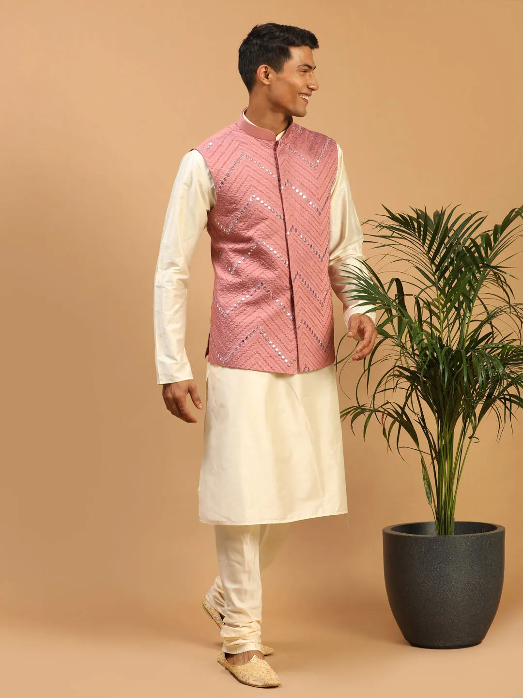 Vastramay Men's Onion Pink Mirror Jacket Set