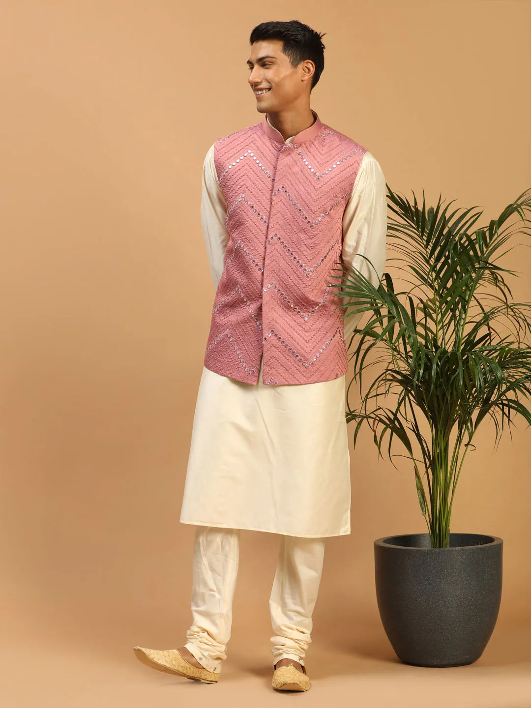 Vastramay Men's Onion Pink Mirror Jacket Set