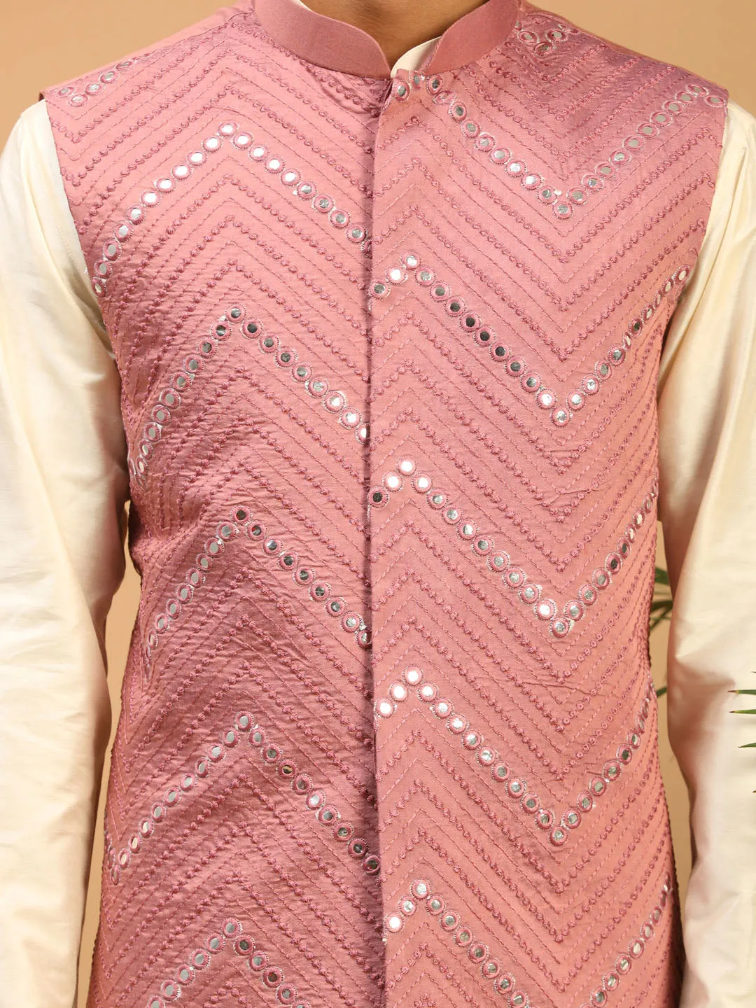 Vastramay Men's Onion Pink Mirror Jacket Set