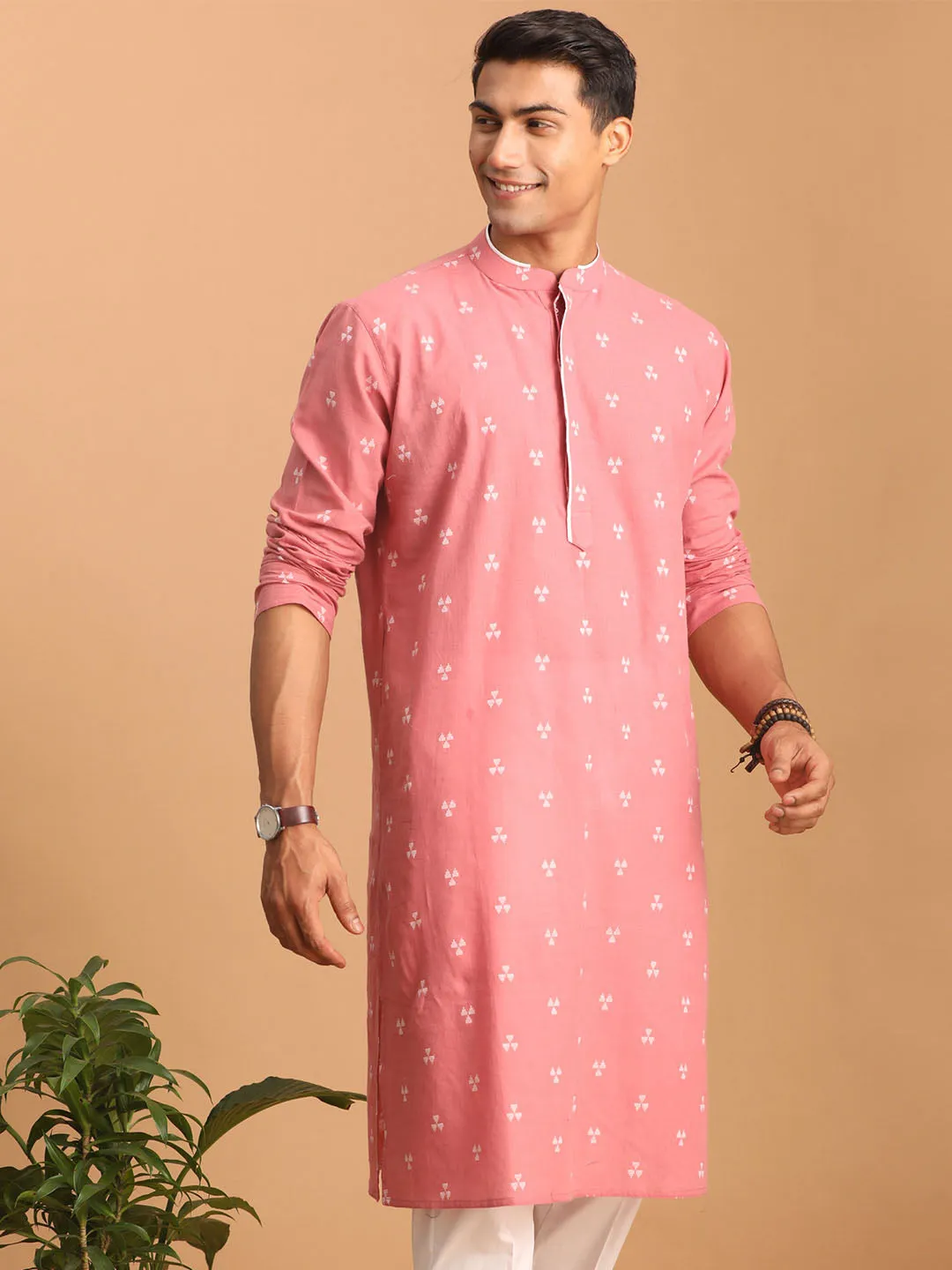 VASTRAMAY Men's Pink Geometric Kurta