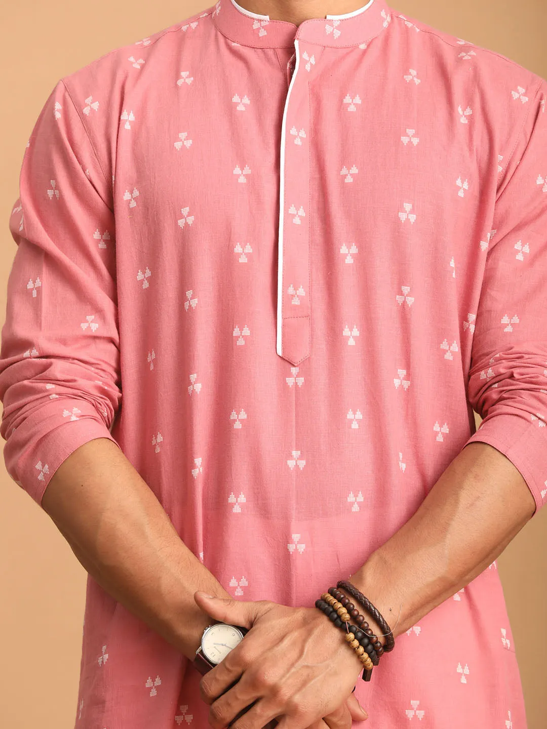 VASTRAMAY Men's Pink Geometric Kurta