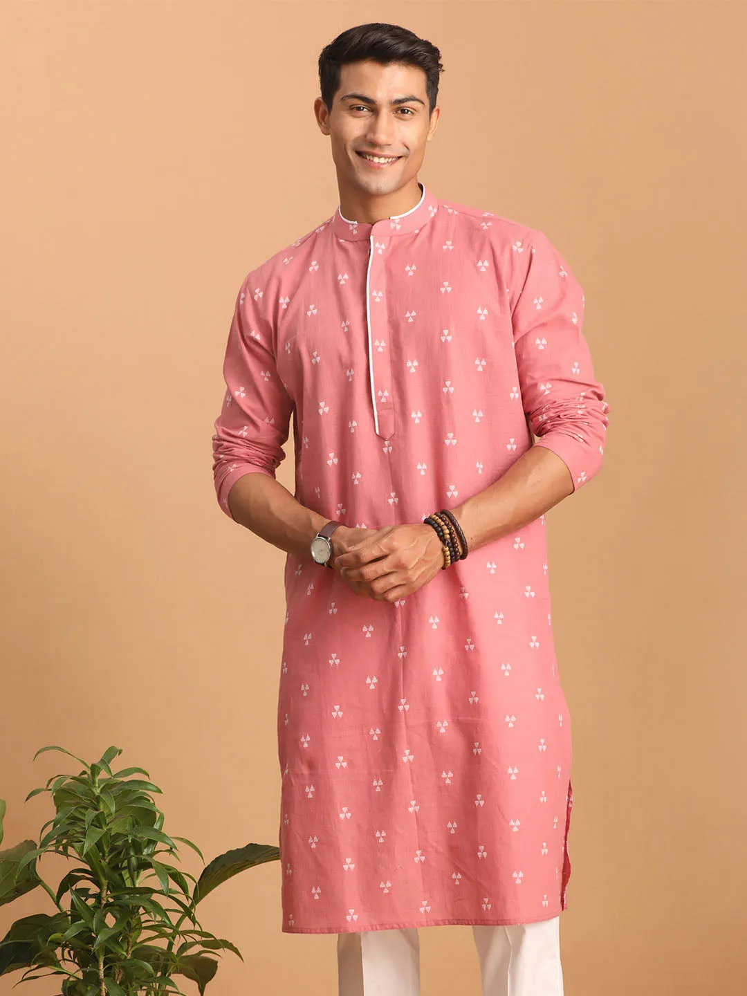 VASTRAMAY Men's Pink Geometric Kurta