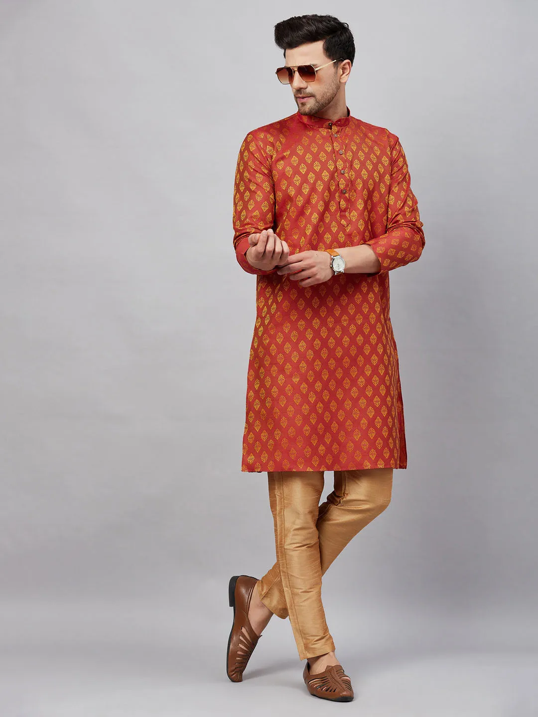 VASTRAMAY Red and Rose Gold Kurta Set