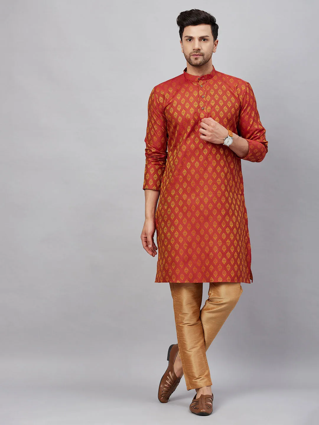 VASTRAMAY Red and Rose Gold Kurta Set