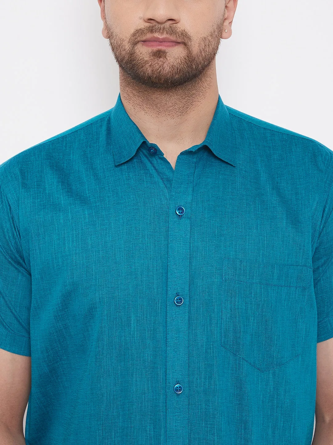 Vastramay Turquoise Cotton Blend Baap Beta Ethnic Shirt