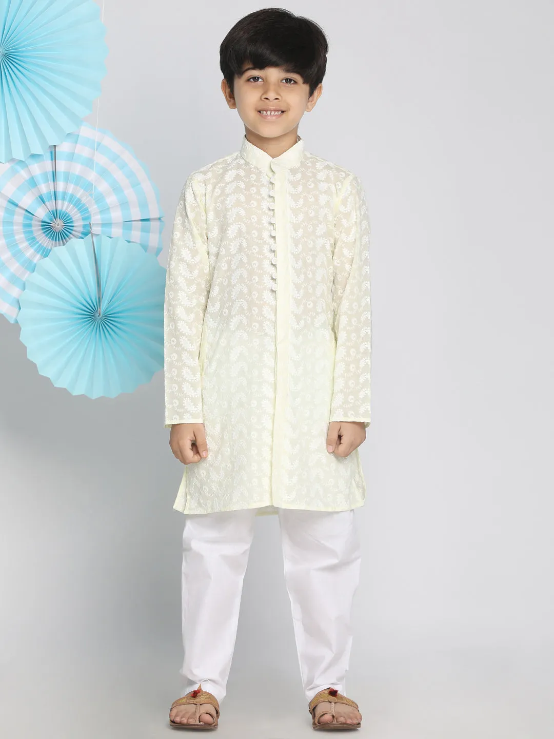 VASTRAMAY Yellow Pure Cotton Chikankari Kurta Pyjama Set