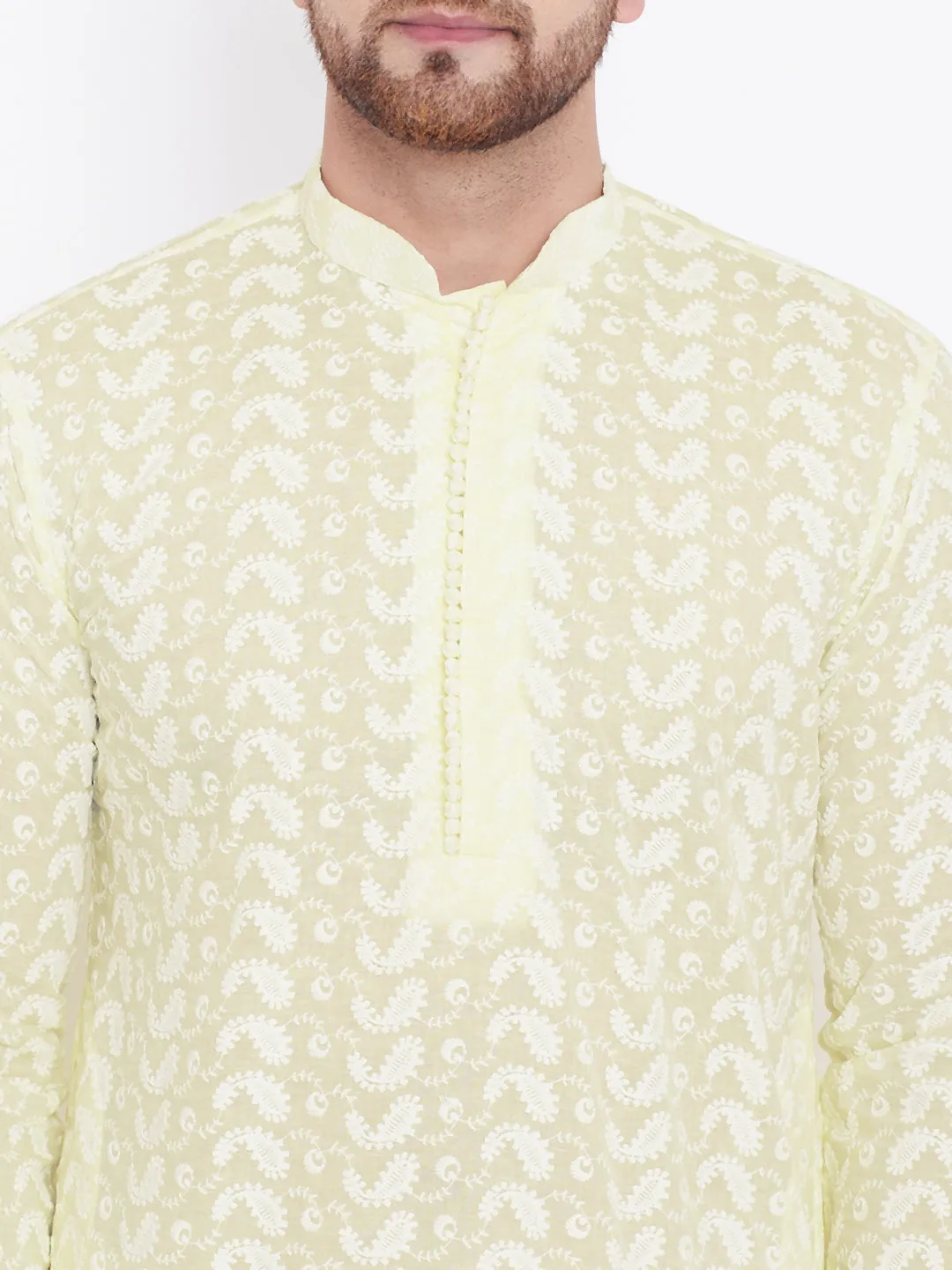 VASTRAMAY Yellow Pure Cotton Chikankari Kurta Pyjama Set