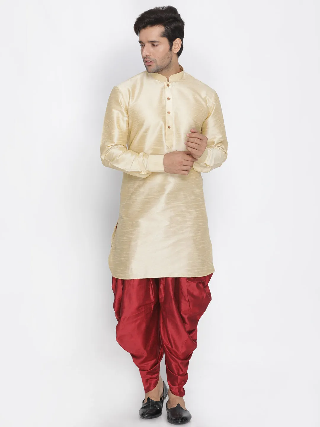 VM By VASTRAMAY Men's Golden Silk Kurta Dhoti Set