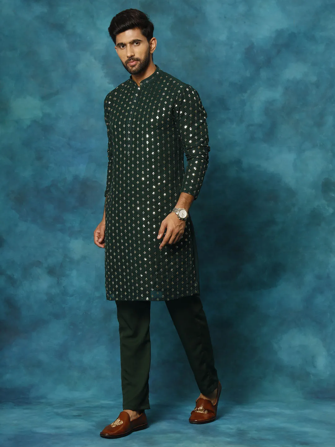 VM Men's Green Sequins Georgette Kurta Pyjama