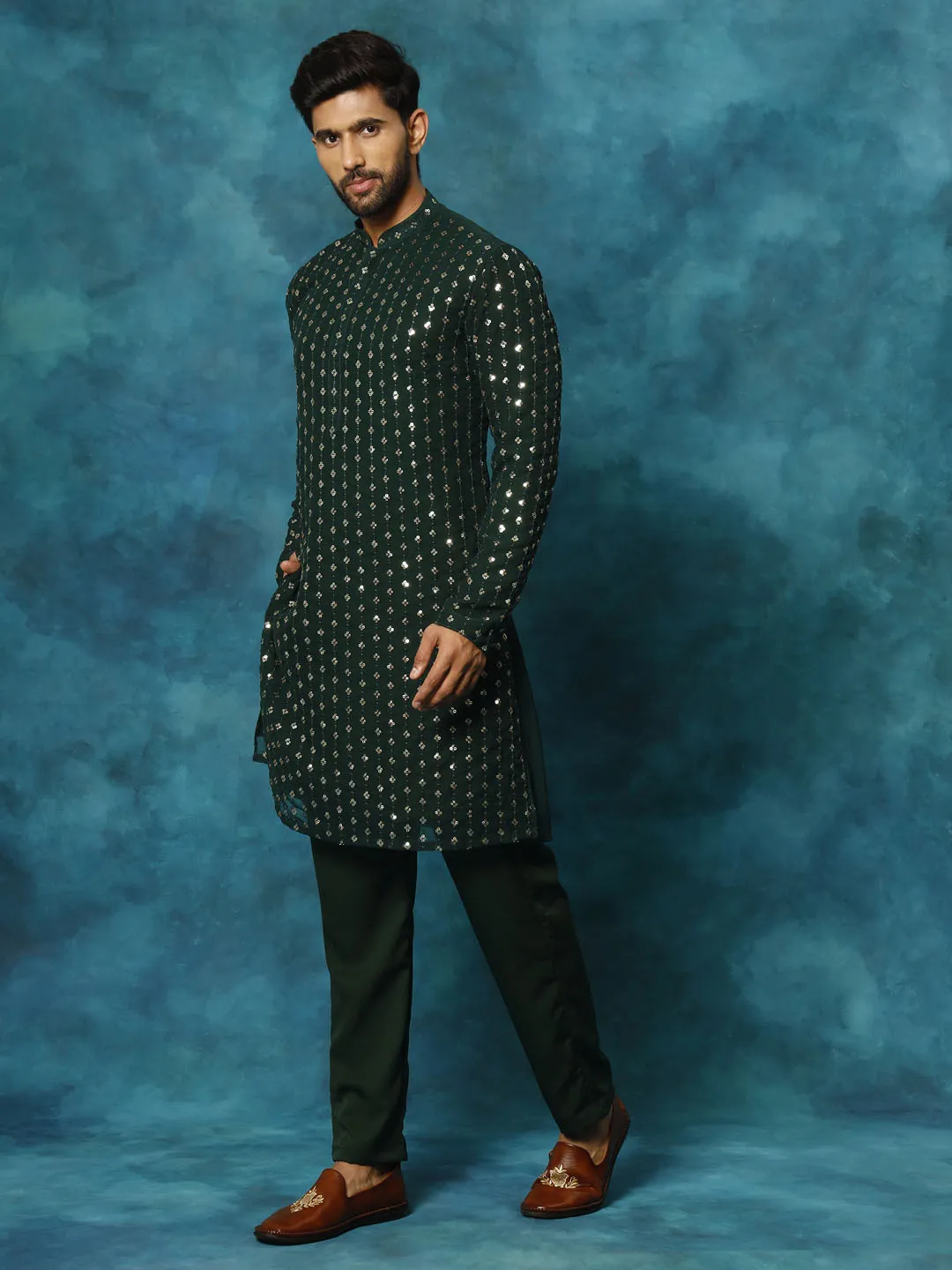 VM Men's Green Sequins Georgette Kurta Pyjama