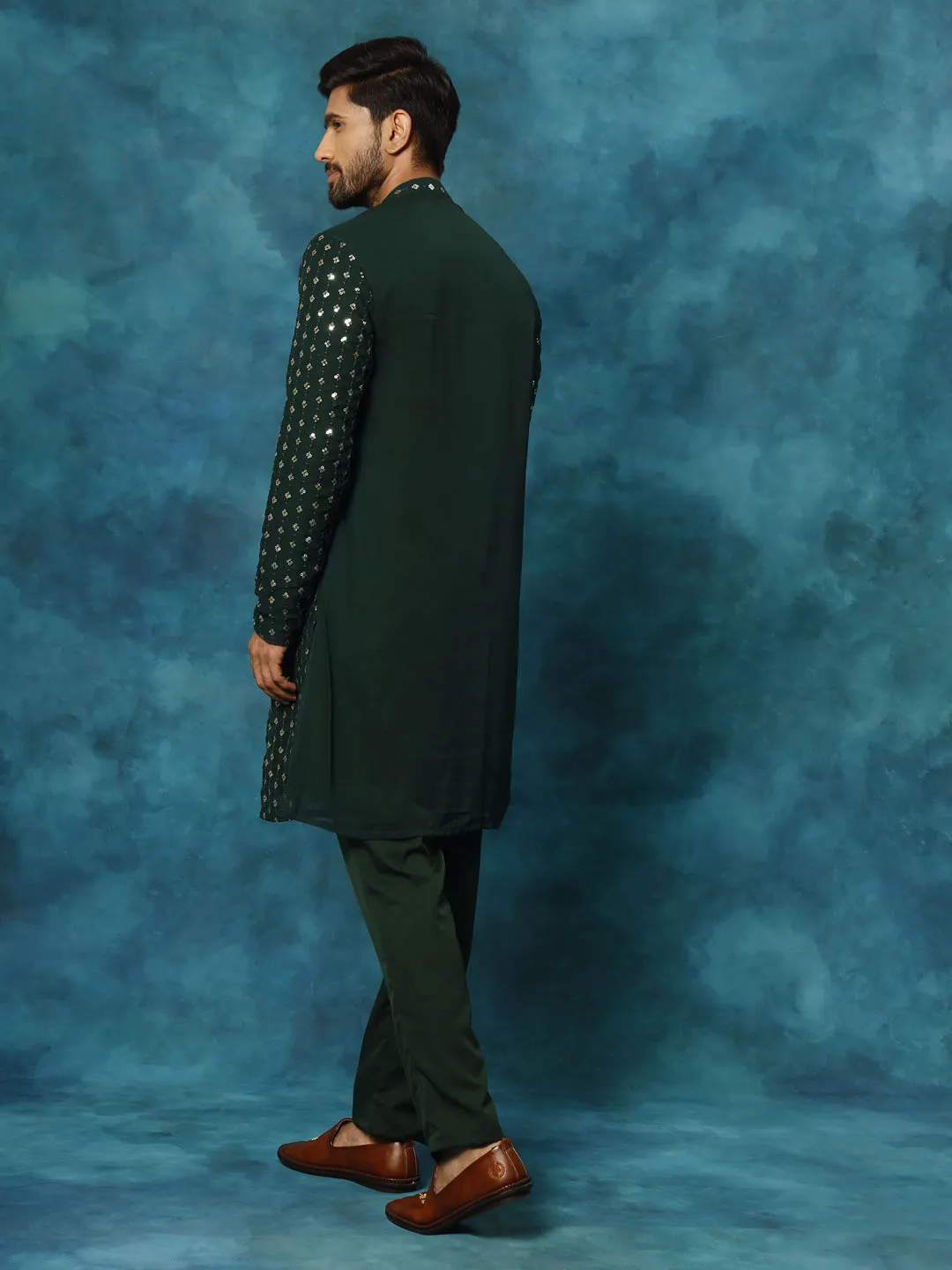 VM Men's Green Sequins Georgette Kurta Pyjama