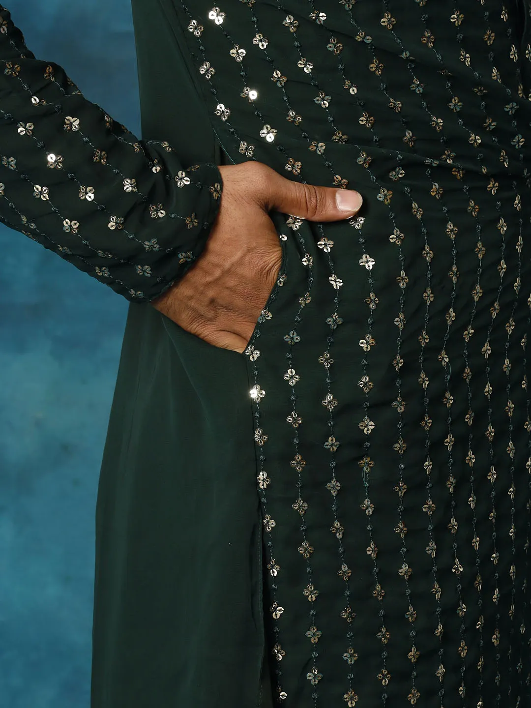 VM Men's Green Sequins Georgette Kurta Pyjama