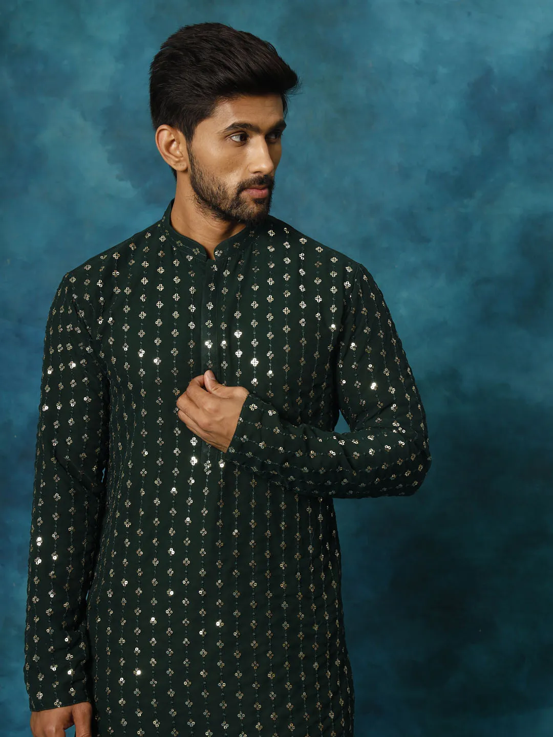 VM Men's Green Sequins Georgette Kurta Pyjama