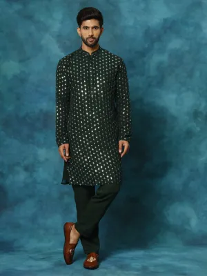 VM Men's Green Sequins Georgette Kurta Pyjama