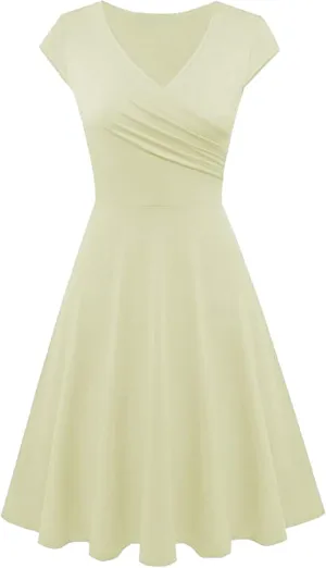WIWIQS Women Vintage Women's Deep V Neck Casual Cross Wrap Flared Midi Dress