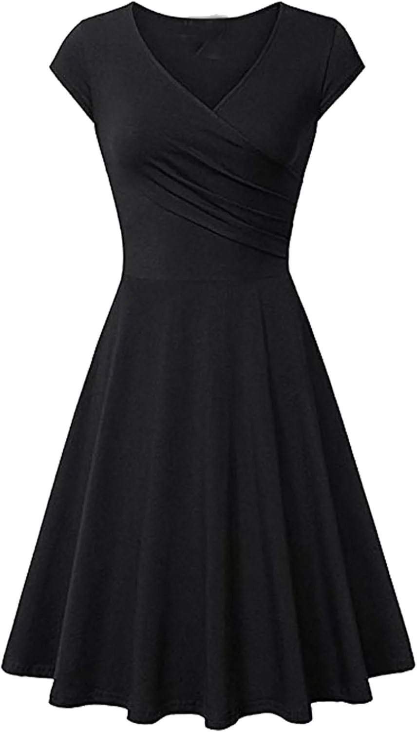 WIWIQS Women Vintage Women's Deep V Neck Casual Cross Wrap Flared Midi Dress
