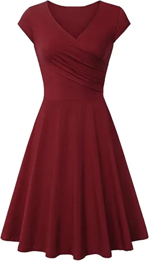 WIWIQS Women Vintage Women's Deep V Neck Casual Cross Wrap Flared Midi Dress