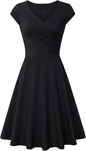 WIWIQS Women Vintage Women's Deep V Neck Casual Cross Wrap Flared Midi Dress