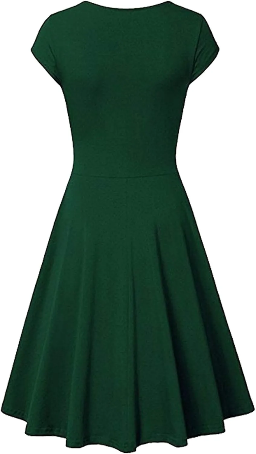 WIWIQS Women Vintage Women's Deep V Neck Casual Cross Wrap Flared Midi Dress