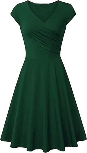 WIWIQS Women Vintage Women's Deep V Neck Casual Cross Wrap Flared Midi Dress