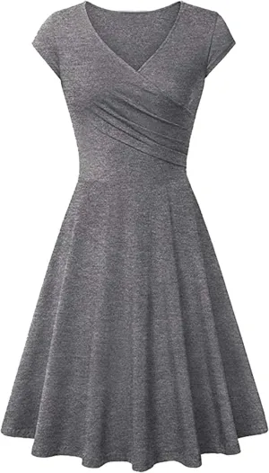 WIWIQS Women Vintage Women's Deep V Neck Casual Cross Wrap Flared Midi Dress