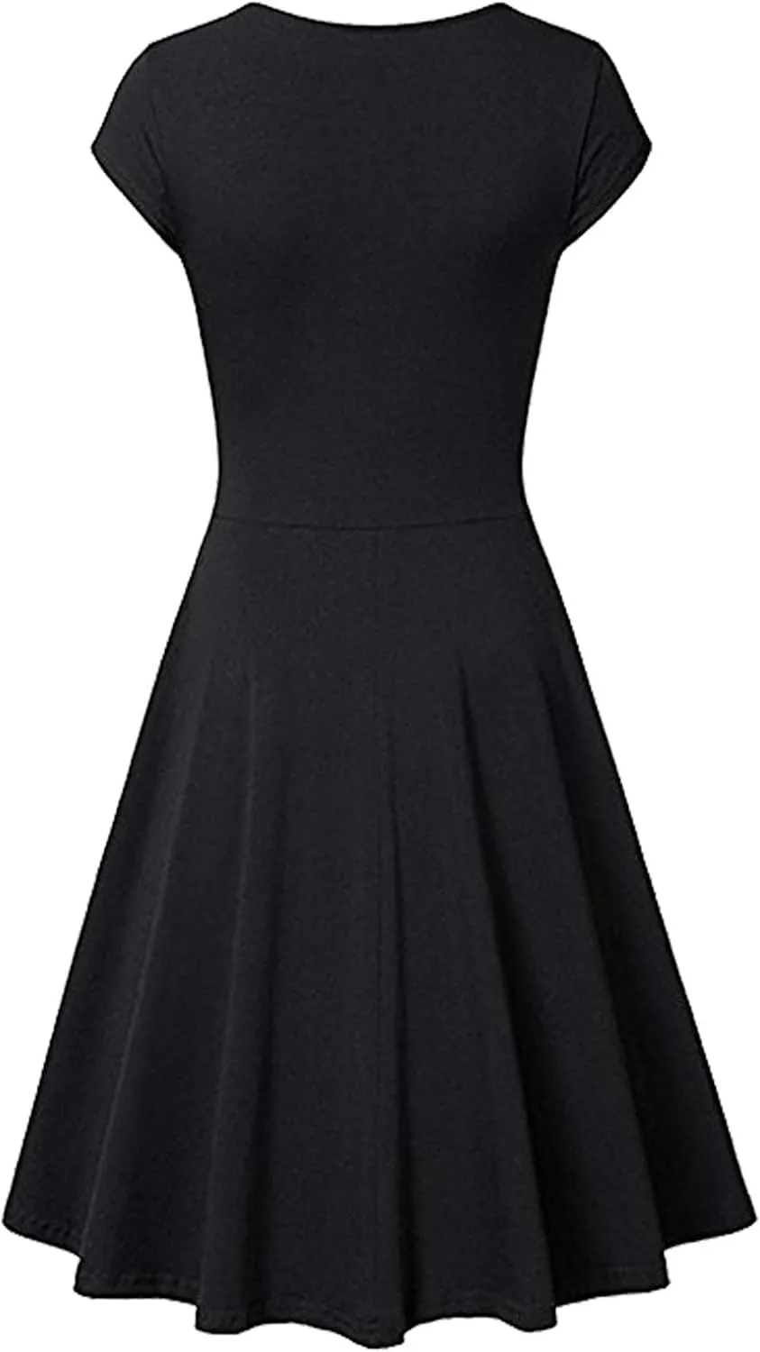 WIWIQS Women Vintage Women's Deep V Neck Casual Cross Wrap Flared Midi Dress